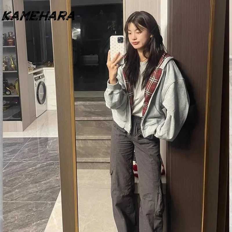 KAMEHARA Y2K Korean Street Retro Doublesided Plaid Loose Zipper Hoodie Harajuku Hiphop Gothic Couple Casual Simple Sweatshirt W251020