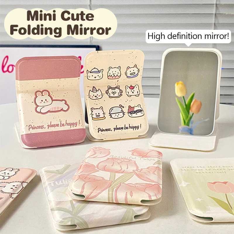 Desktop Makeup Mirror Solid Color PU Leather Simple Portable Handheld Makeup Mirror Foldable Student Compact Cute Pocket Mirror C2510200