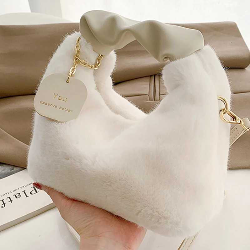 Cute Faux Fur Plush Handbags Ruched Handle Small Lady Shoulder Crossbody Bag Casual Tote HalfMoon Hobos Winter Bags for WomenT251020