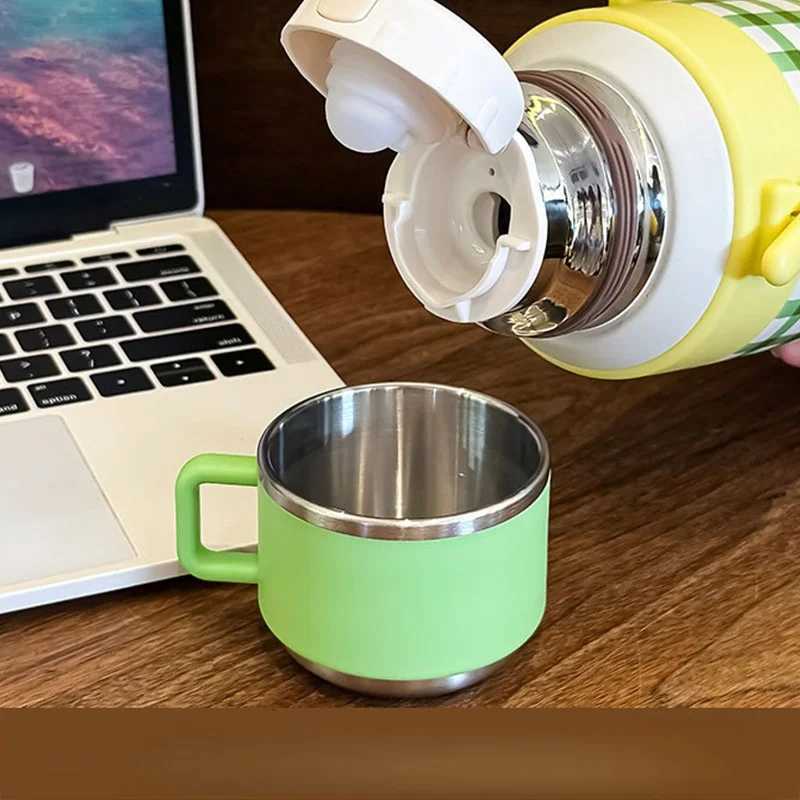 1 pc 800ml Plaid Stainless Steel Insated Water Bottle with Detachable Lid Leakproof Portable Thermos with Handle for Outdoor Y251020
