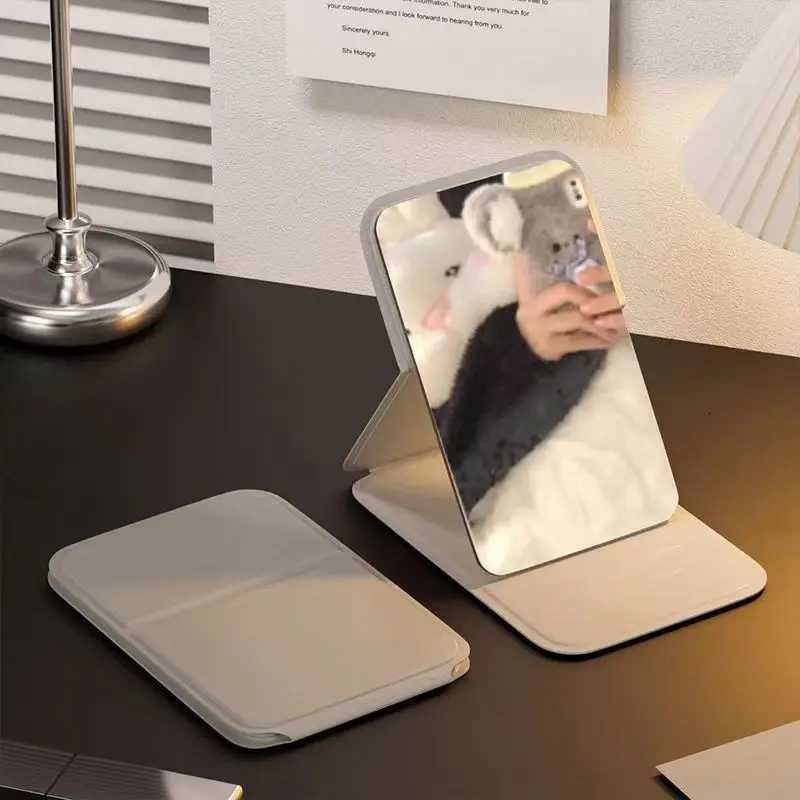 1pc Elegant Folding Mini Makeup Mirror with PU Stand Portable Glass Cosmetic Mirror Hand Washable for Dorm and Desktop Use C2510201