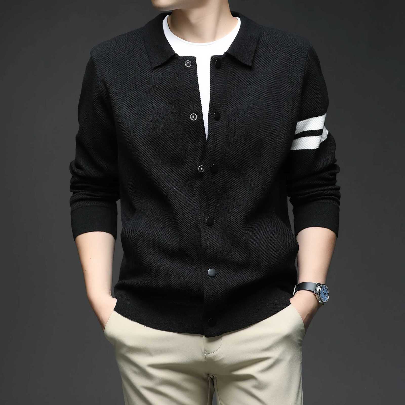 Mens knitted cardigan collar autumn and winter mens sweater fashion versatile leading sweater jacketT251103