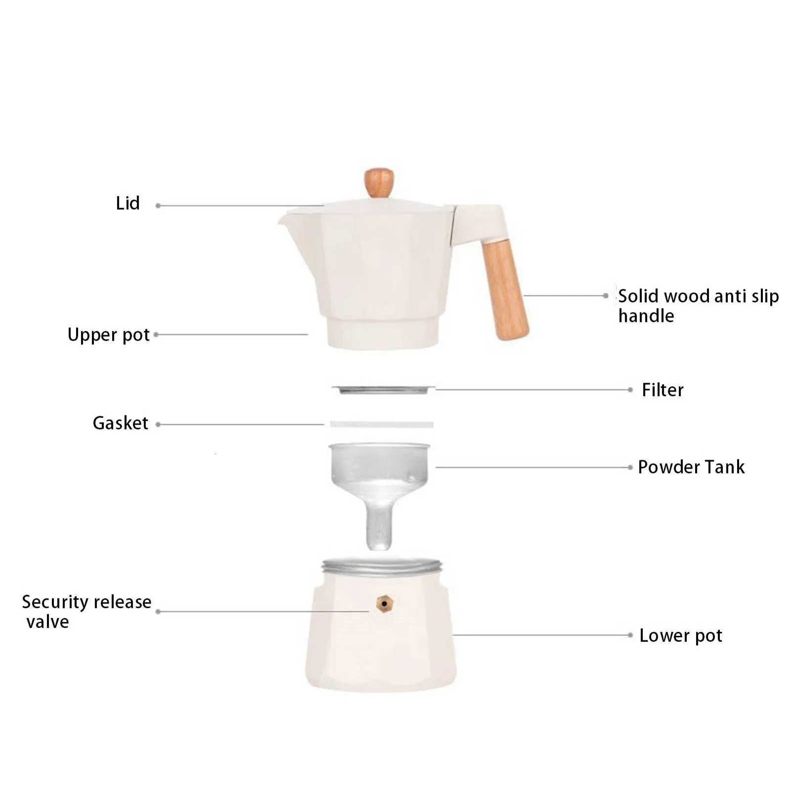 Stovetop Coffee Pot n Heat Distribution White Wooden Handle 300ML Single Valve Mocha Coffee Pot 6 Cup for Camping Stoves Y251020