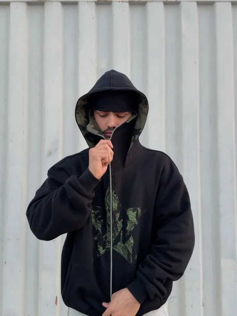 Retro hip hop Y2K camouflage star print design loose men hoodie sweatshirt fashionable high street Gothic punk zipper hoodie W251020