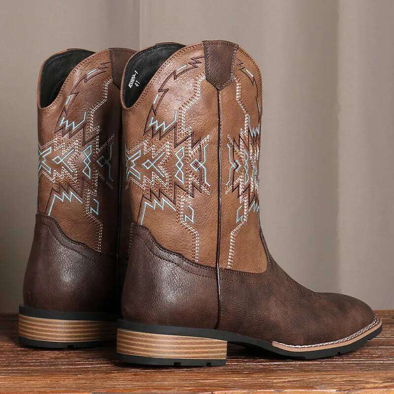 Men's Classic Retro Western Cowboy Boots Mens Fashion Patchwork Embroidery Designer Mid-Calf Leather Casual Boot