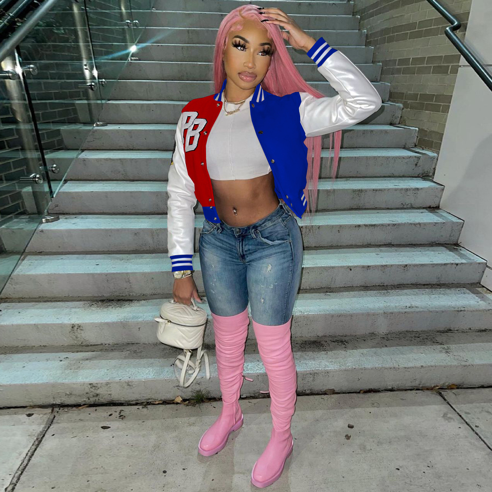 10080 womens fashion casual womens color matching jacket Baseball Jacket 250109