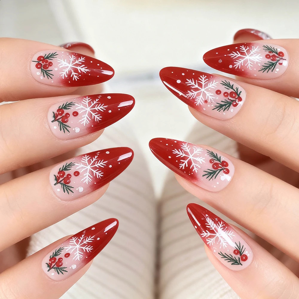 24pcs Christmas Press On Nails Almond French False Nail with Snowflake Holly Leaf Acrylic Full Cover Fake Nail Extension 251014
