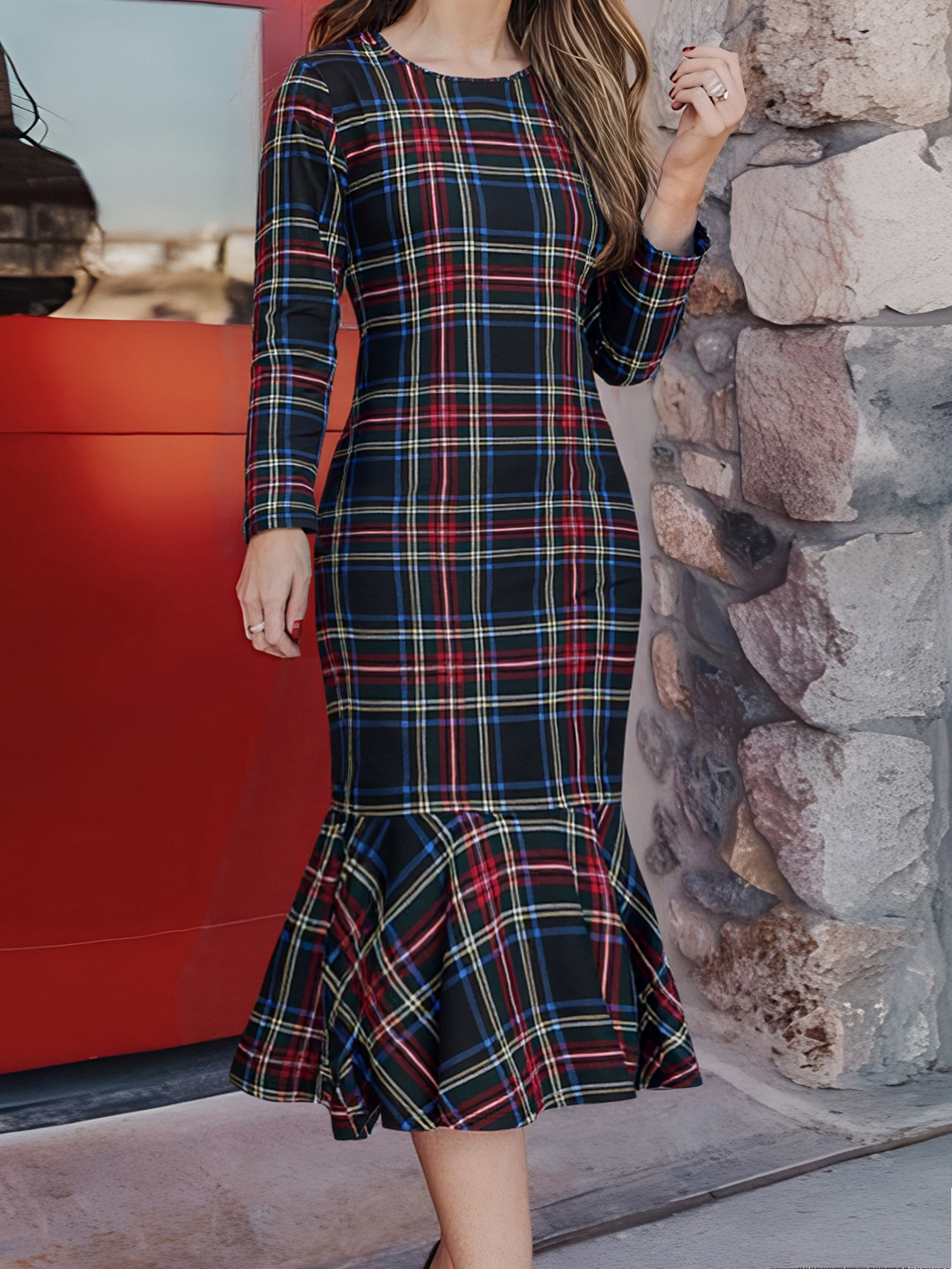 Women's Autumn & Winter Plaid Printed Long Sleeve Mermaid Dress, Elegant Commute & Casual Slim - Fitting Milk Silk Dress-CF56390