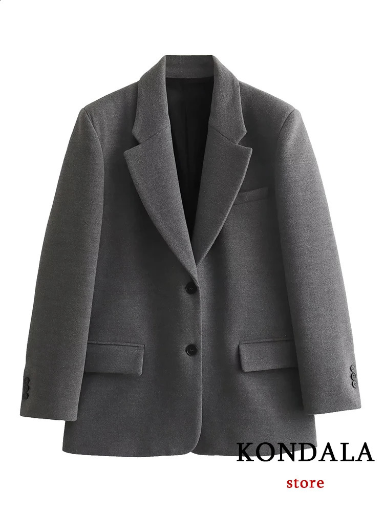 KONDALA Oversized Blazer for Women Long Sleeve V Neck Pockets Padded Jacket Fashionable Outwear Office Lady Dark Gray 251106