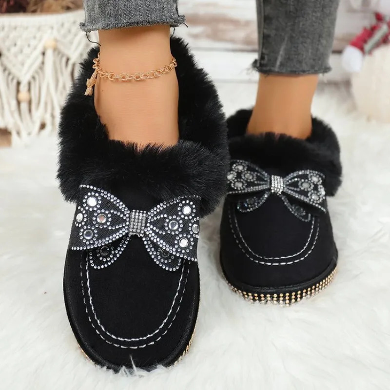 Winter Ankle Boots Womens SlipOn Fur Shoes Diamond Butterfly Knot Snow Boots Platform Pure Color Adult Womens Boots 251013