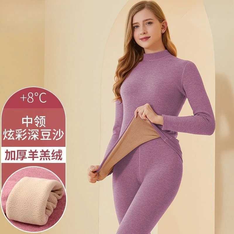 Women Sets Warm Thermal Thicken Lamb Wool High Collar Pullover Long Pants Women Clothing Selfheating Autumn Winter UnderwearT251020