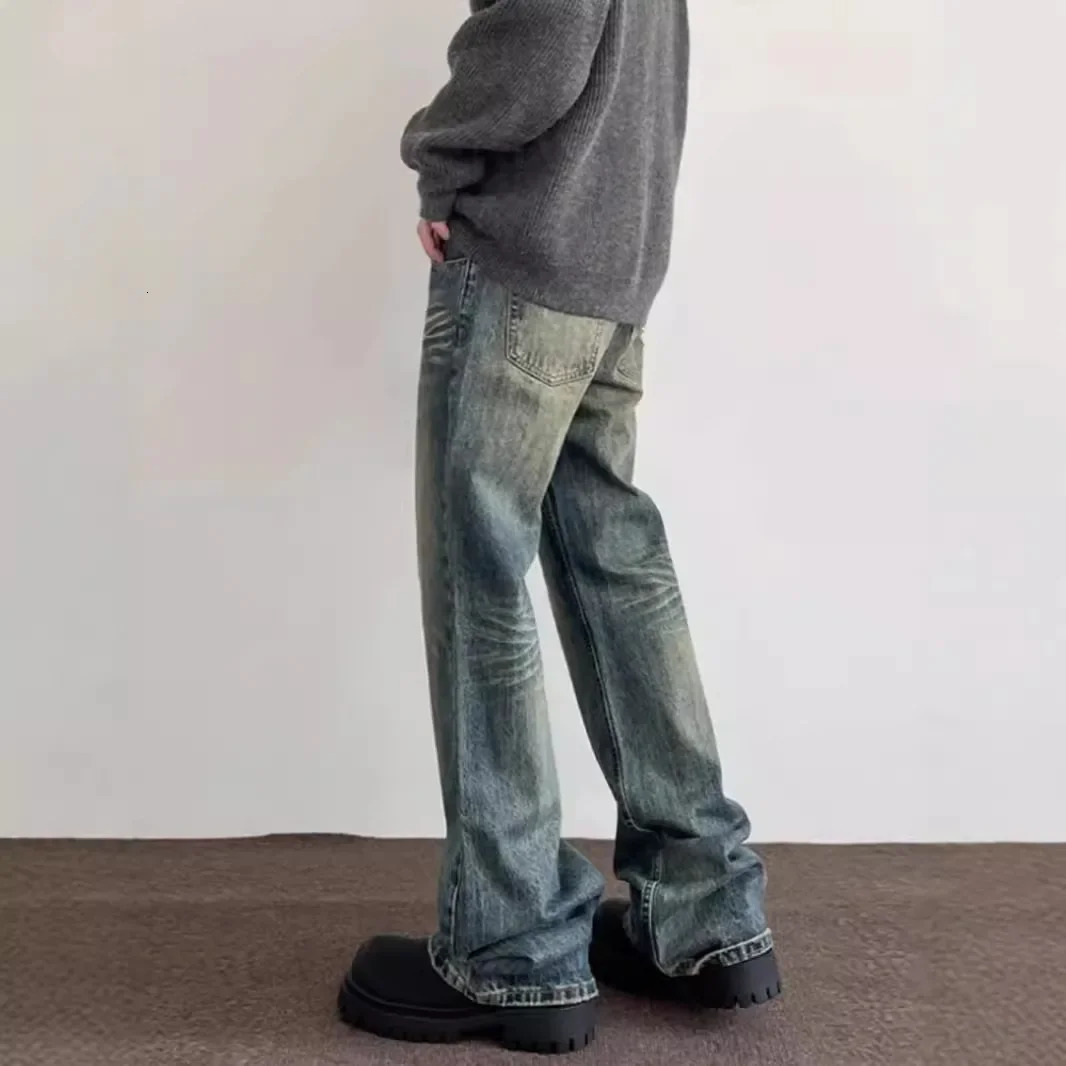 Vintage American Style Mens StraightLeg Slimming Long Jeans Distressed Washing Denim Pants Trendy Bootcut 251009