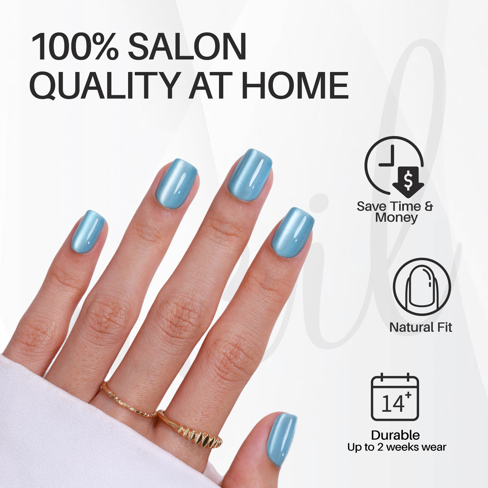 short baby blue presson nails soft gel cats eye square shape ideal as a gift for women the glossy gel nails come in 16 sizes a set of 32 reusable fake
