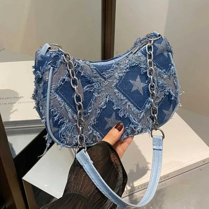 Womens Tote Bag with Star Pattern Blue Distressed Design GoldenTone Hardware Stylish Handbag Shoulder Bag for Everyday UseT251020