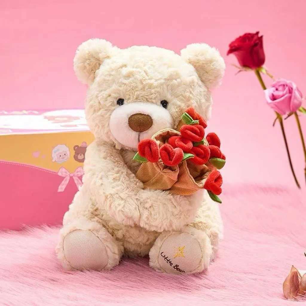 Kawaii Teddy Bear with Roses Plush Toy Soft Bear Stuffed Doll Romantic Gift for Lover Home Decor Valentines Day Gifts for Girls J251020