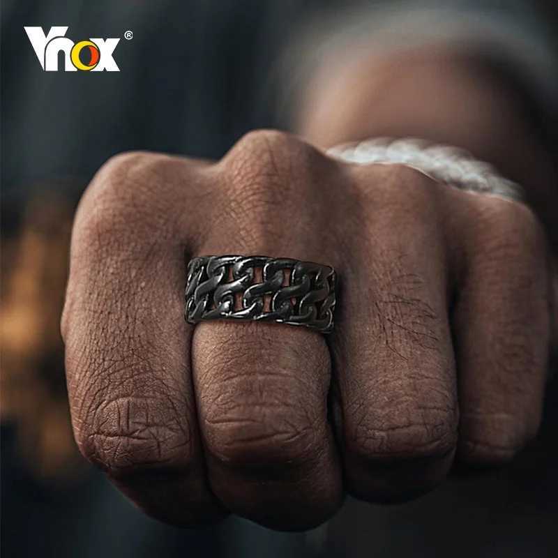 Vnox Dual Cuban Chain Ring for Men10mm Stainless Steel Retro Finger Band Black Metal Hollow Punk Vintage Ring J251020