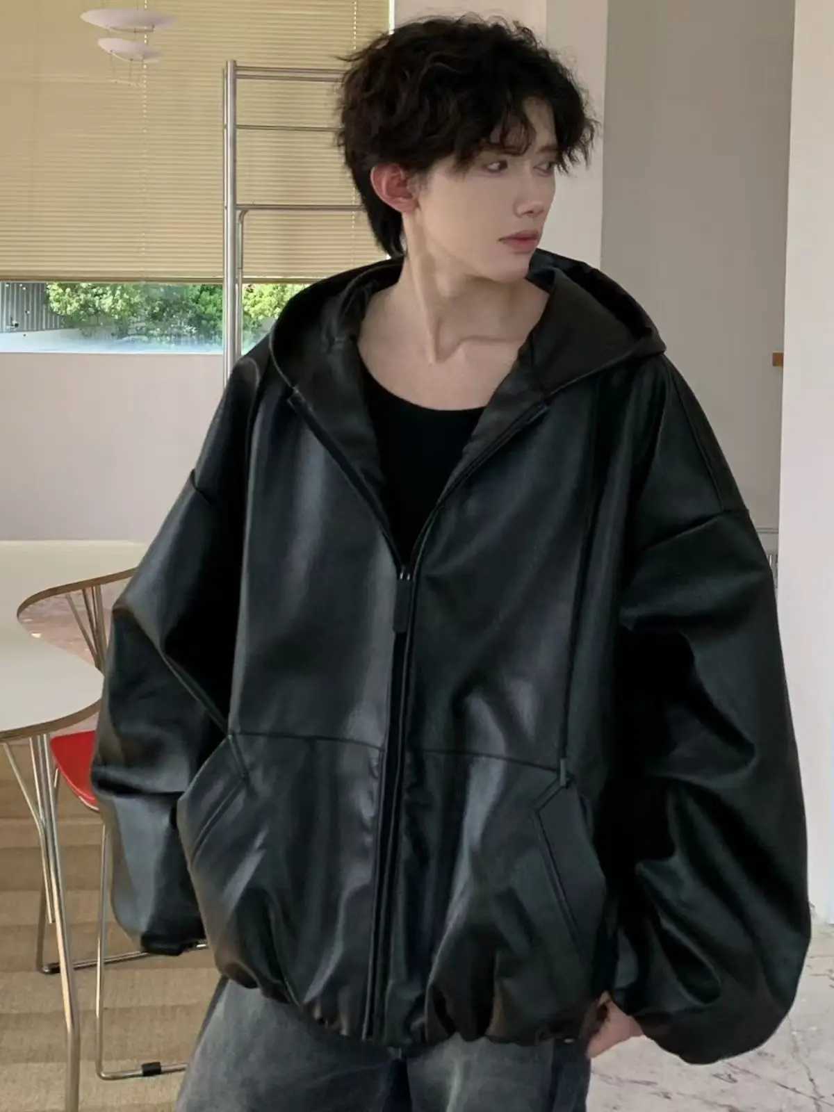 American Retro Black Gothic Hooded Leather Jacket For Men And Women Korean Fashion New Trend Simple Windproof Motorcycle Coats J251117