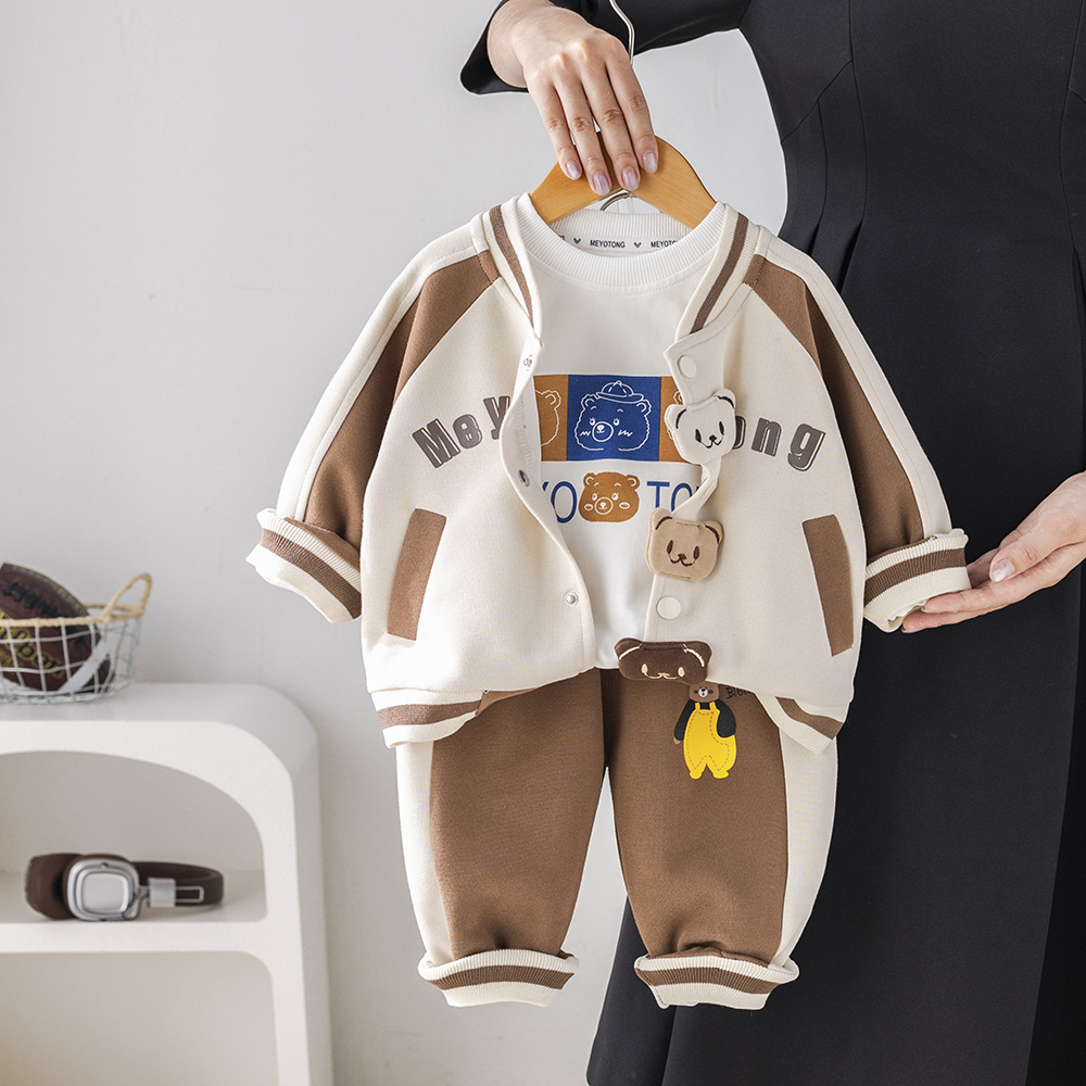 2025 New Hot Selling Baby Children's Clothing Spring and Autumn Sports Clothes, Stylish Boys' Three Bears Baseball Jacket Set, Free Shipping