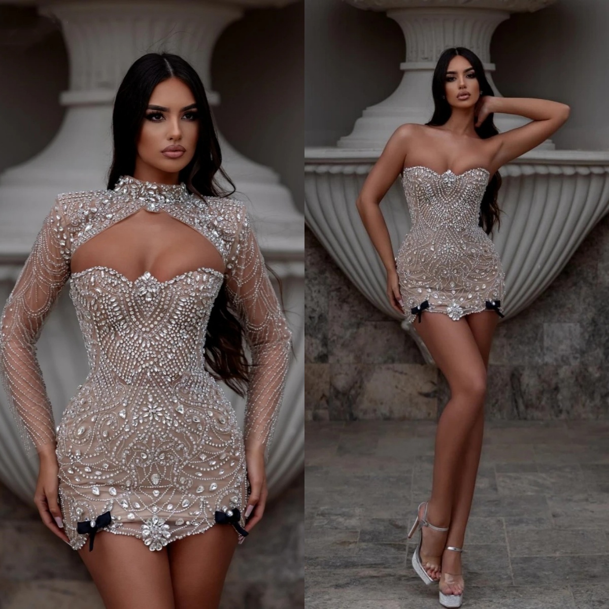 Luxury Cocktail Dresses Mini Evening Prom Gowns Crystal Beading with Detachable Sleeves Illusion Customized Graduation Ball Club Party Dress