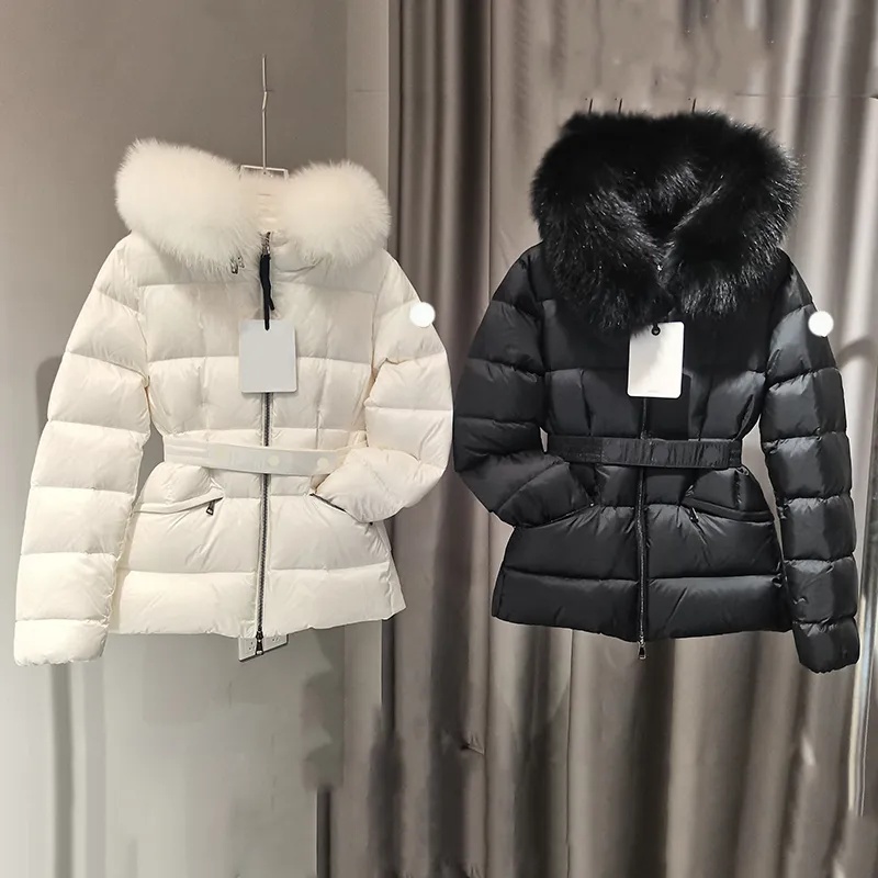 women winter coat designer winter jacket Women embroidered badge waist cinched slim fit fox fur collar hooded puffer jacket womens loose casual winter coat Jackets