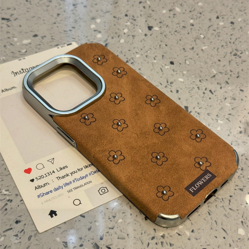 Autumn and Winter Brown Leather Three-Dimensional Flower Suitable for iphone 17promax Phone Case iPhone16 Anti-Fall 15/14