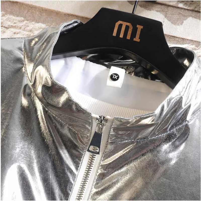 Shiny Gold Mens Stage Performance Suit Set with Loose Long Sleeve Top and Pants Silver Stylish Casual Outfit W251020