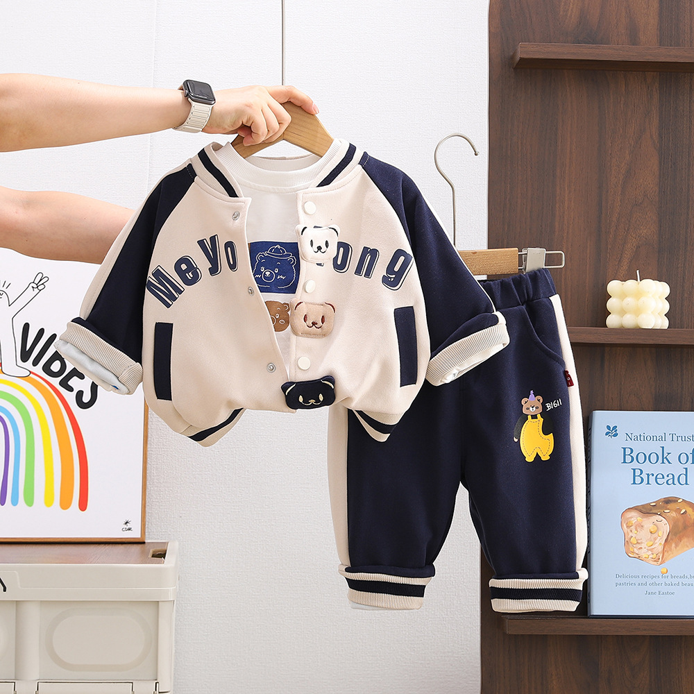 2025 New Hot Selling Baby Children's Clothing Spring and Autumn Sports Clothes, Stylish Boys' Three Bears Baseball Jacket Set, Free Shipping