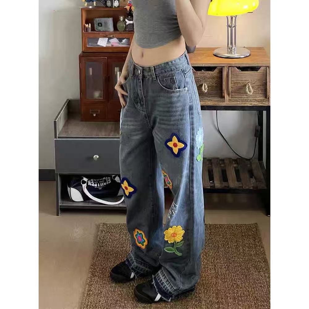 Women's Vintage Embroidered Floral Jeans - High-Waisted, Straight-Leg, Slimming Wide-Leg Floor-Length Pants for Spring and Autumn Z260313