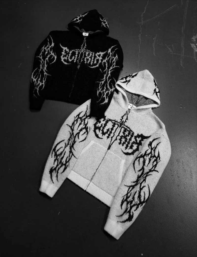 New Y2K trendy fashion bramble pattern hoodie European American high street rock casual punk black white couple hoodie W251020