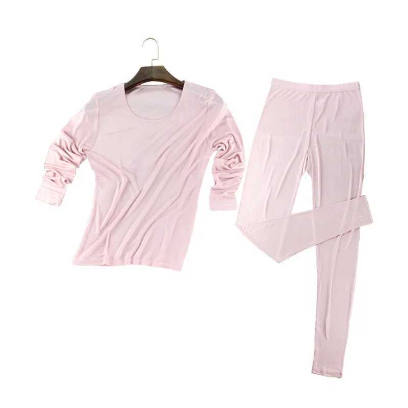 Pure Silk Knit Women Underwear Long Johns Top Bottom Set Thermal Shirt LeggingT251020