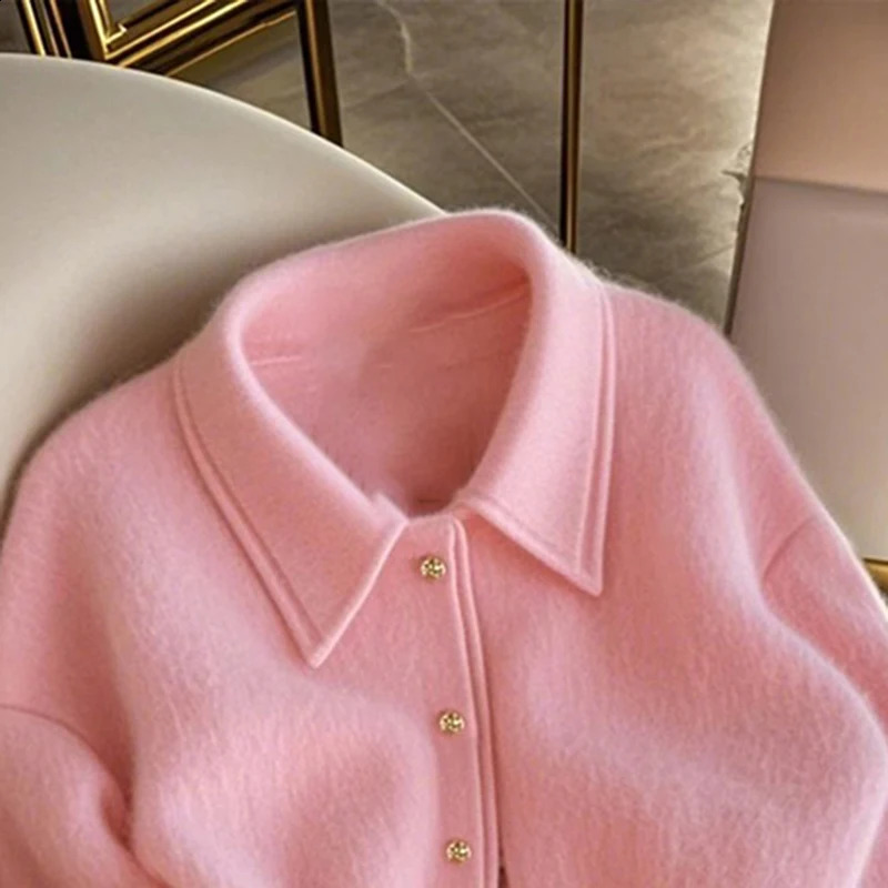 Pink Short Sweater Coat Womens Winter Highgrade Soft Waxy Cardigan Jackets Top Longsleeved Loose Elegant Knitted Outwear 251015