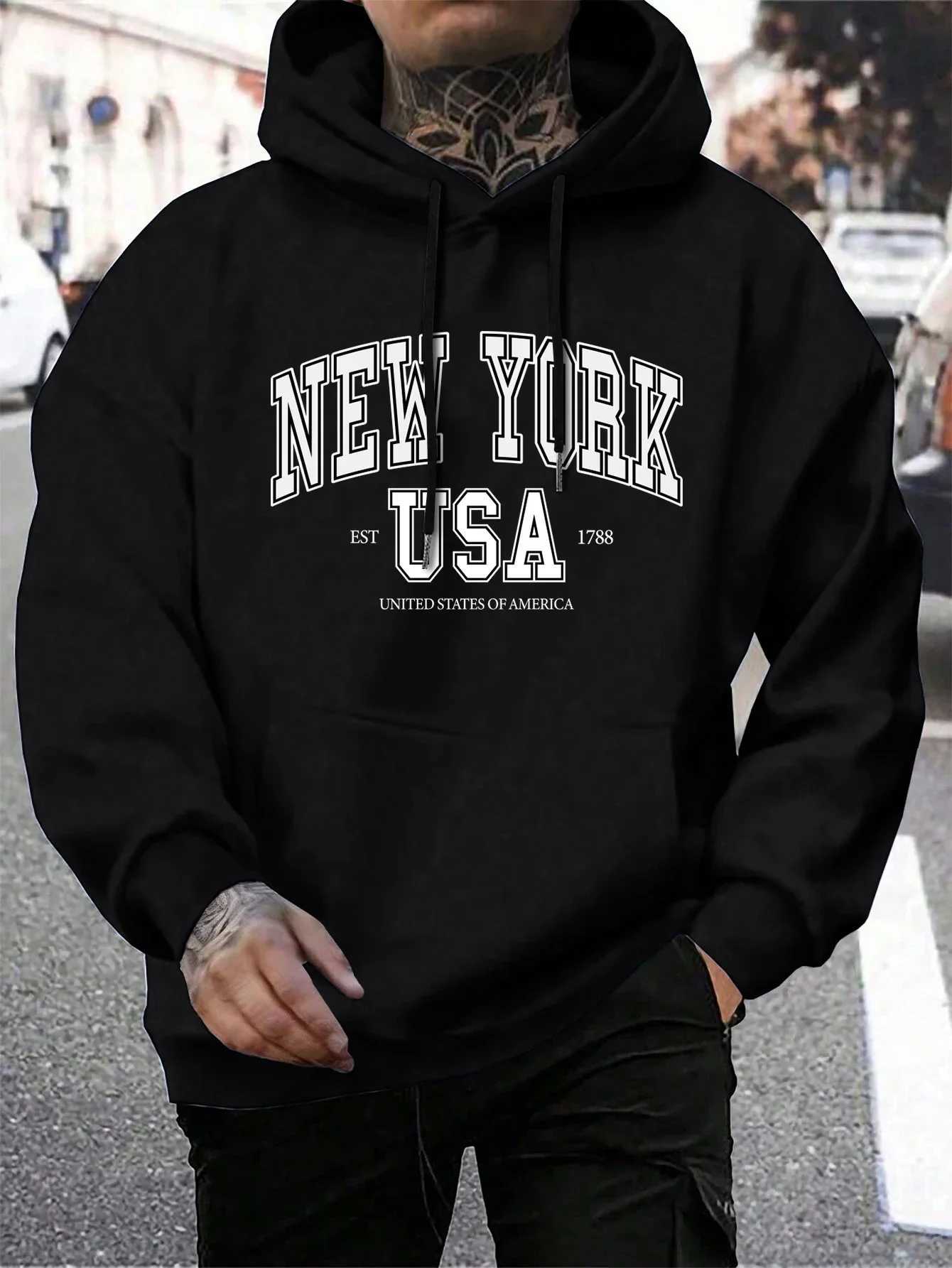 Autumn Fleece Crewneck Clothes America New York City Print Male Hoody Fashion Loose Hoodies Casual Warm Hooded Men W251020