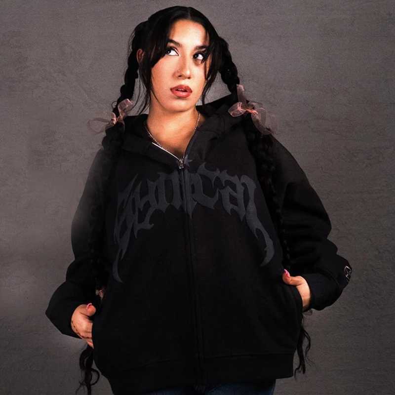 2025 American Trend Loose Casual Long Sleeve Coat Street Fashion Vintage Gothic Zipper Creative Letter Five Pointed Star Hoodie W251020