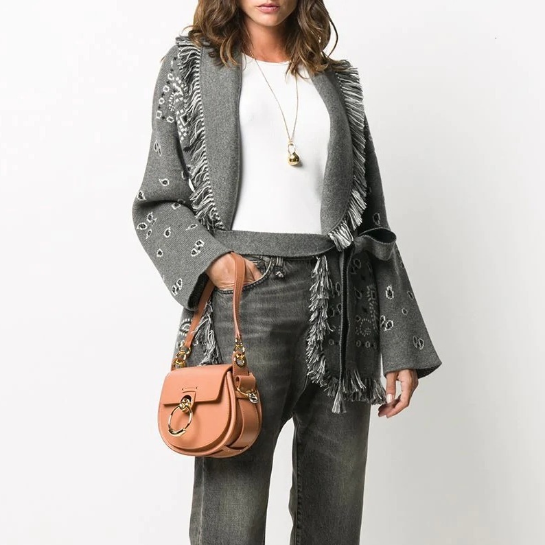 European and American fashion design thick jacquard knitted cardigan loose plus size women's medium length tassel sweater jacket fashionable