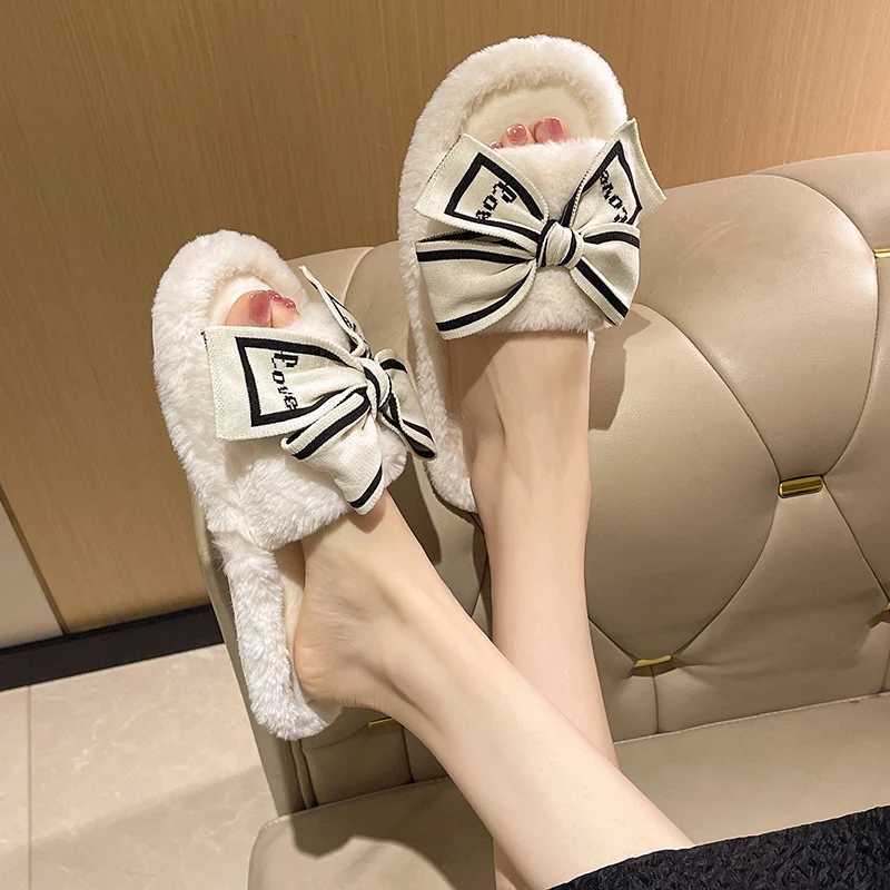 Casual Fluffy Slippers Women House Flats Fashion Winter Bowknot Love Designer Shoes Ladies Home Plush Platform Elegant Footwear Z20251020