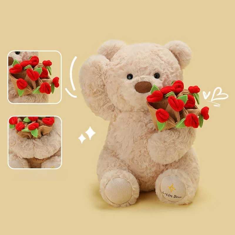 Kawaii Roses Bear Plush Toy Soft Bear Wear Rose Hat Stuffed Doll Romantic Gift for Lover Home Decor Valentines Day Gifts J251020