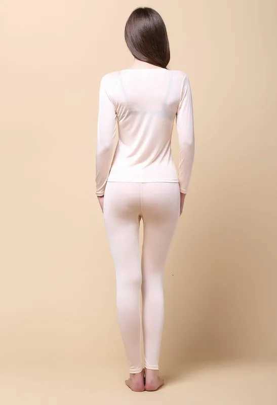 Pure Silk Knit Women Underwear Long Johns Top Bottom Set Thermal Shirt LeggingT251020