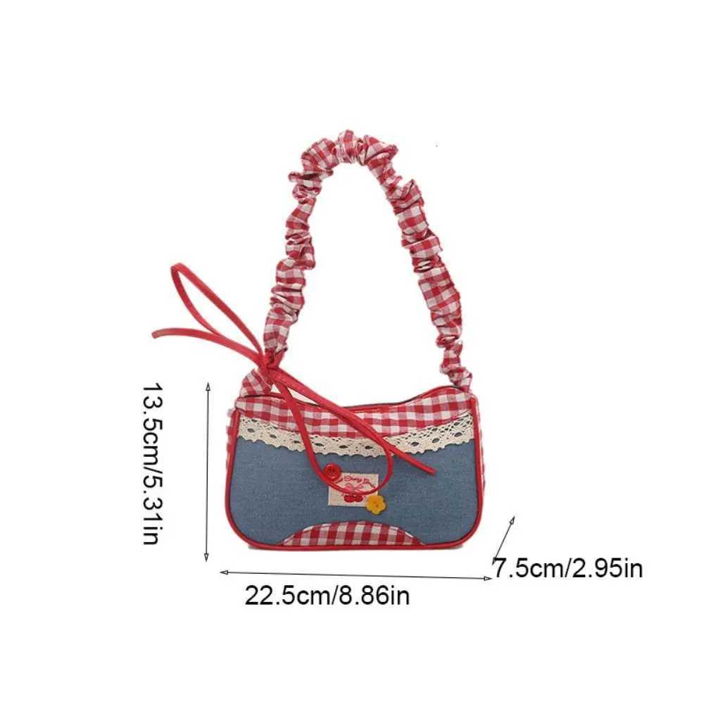 Portable Rural Style Lattice Shoulder Bag Plaid Bow Denim Underarm Bag Leisure Commuting Crossbody Bag TravelT251020