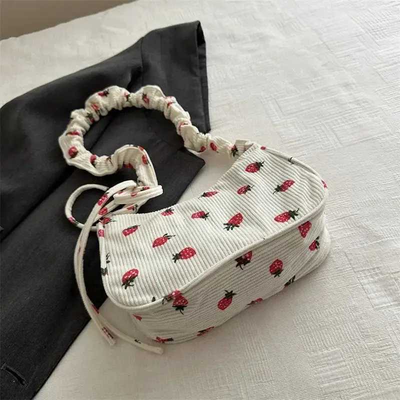 Women Small Underarm Bag Corduroy Handbag Cute Strawberry Print Little Tote Half Moon Design Eco Cloth Purse Mini Shoulder BagsT251020
