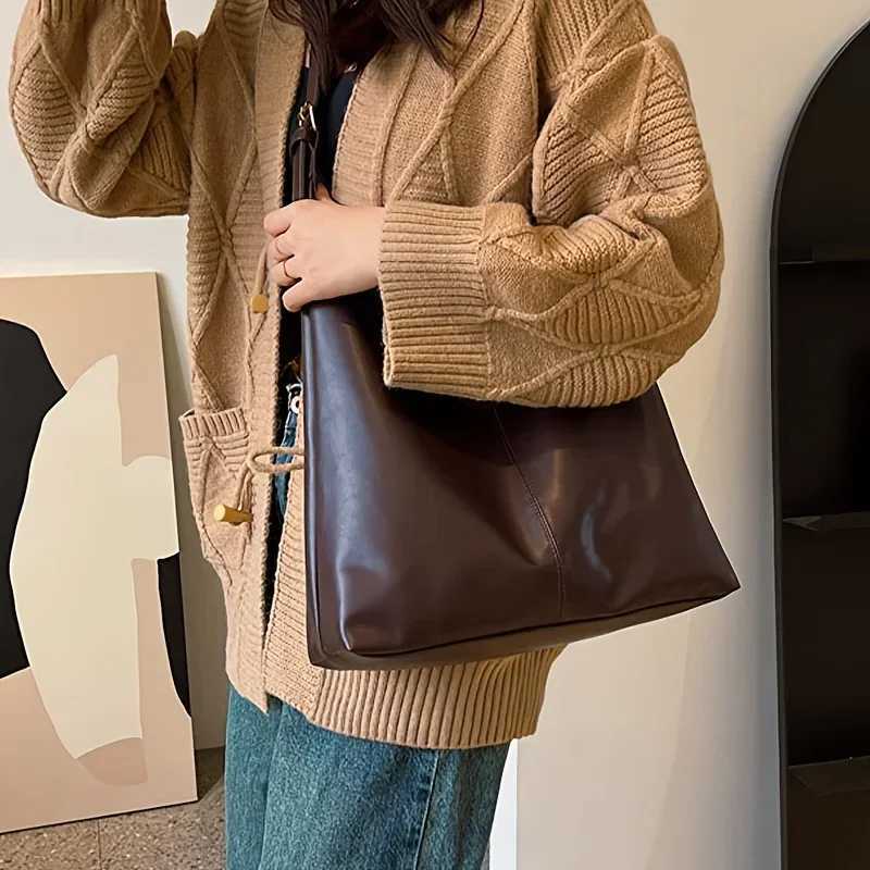 Trendy Casual Soft PU Womens Handbags Solid Color Large Capacity Female Shoulder Bag Retro Tote Bag For Commute ShoppingT251020