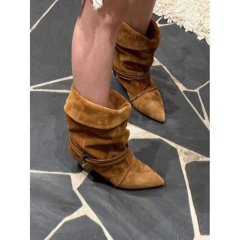 Sheepskin Niche Cat Heel Genuine Leather Western For Women Folded Pile Autumn Winter New Fashionable Versatile Short