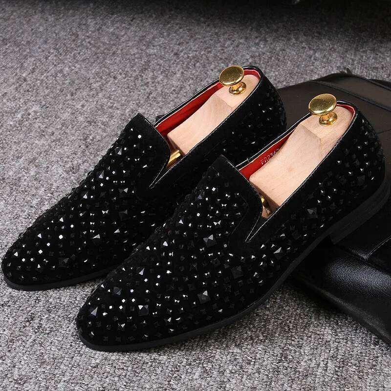 Loafers Genuine Leather Casual Fashion Mens Rhinestone Driving Shoes Man Flats Dress Wedding Slip-on Club Shoe
