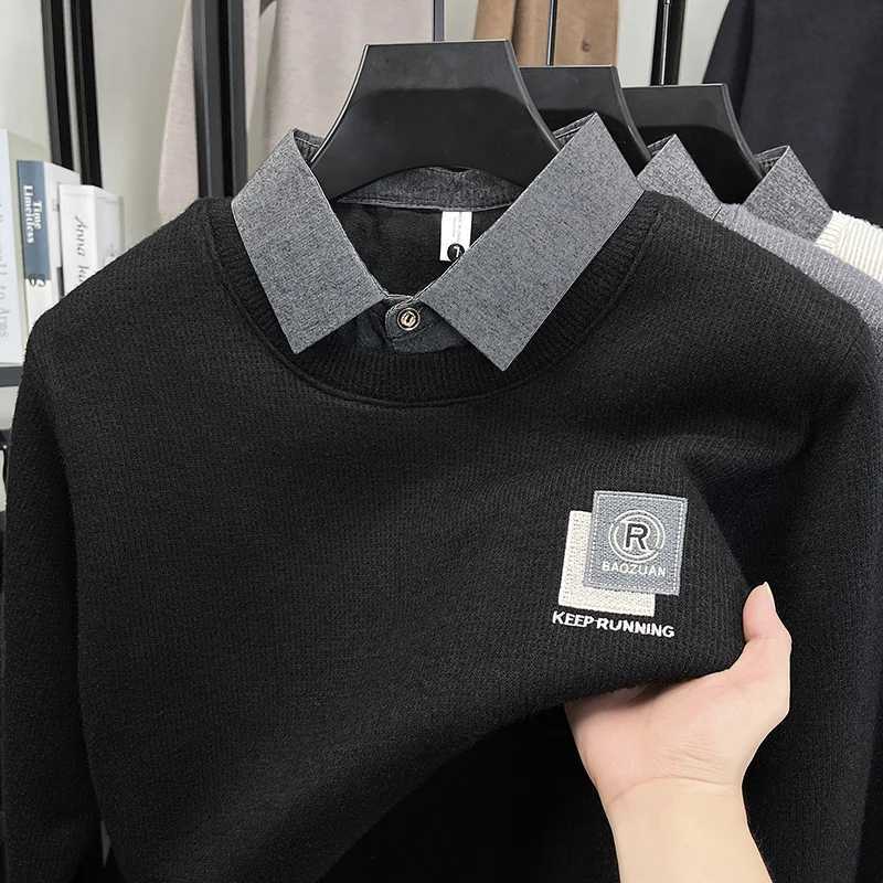Luxury Quality Mens Knitwear O-Neck Velvet Printe Shirt Collar Pullover Autumn Winter Versatile Fashion Fake Two Piece MenswearT251103