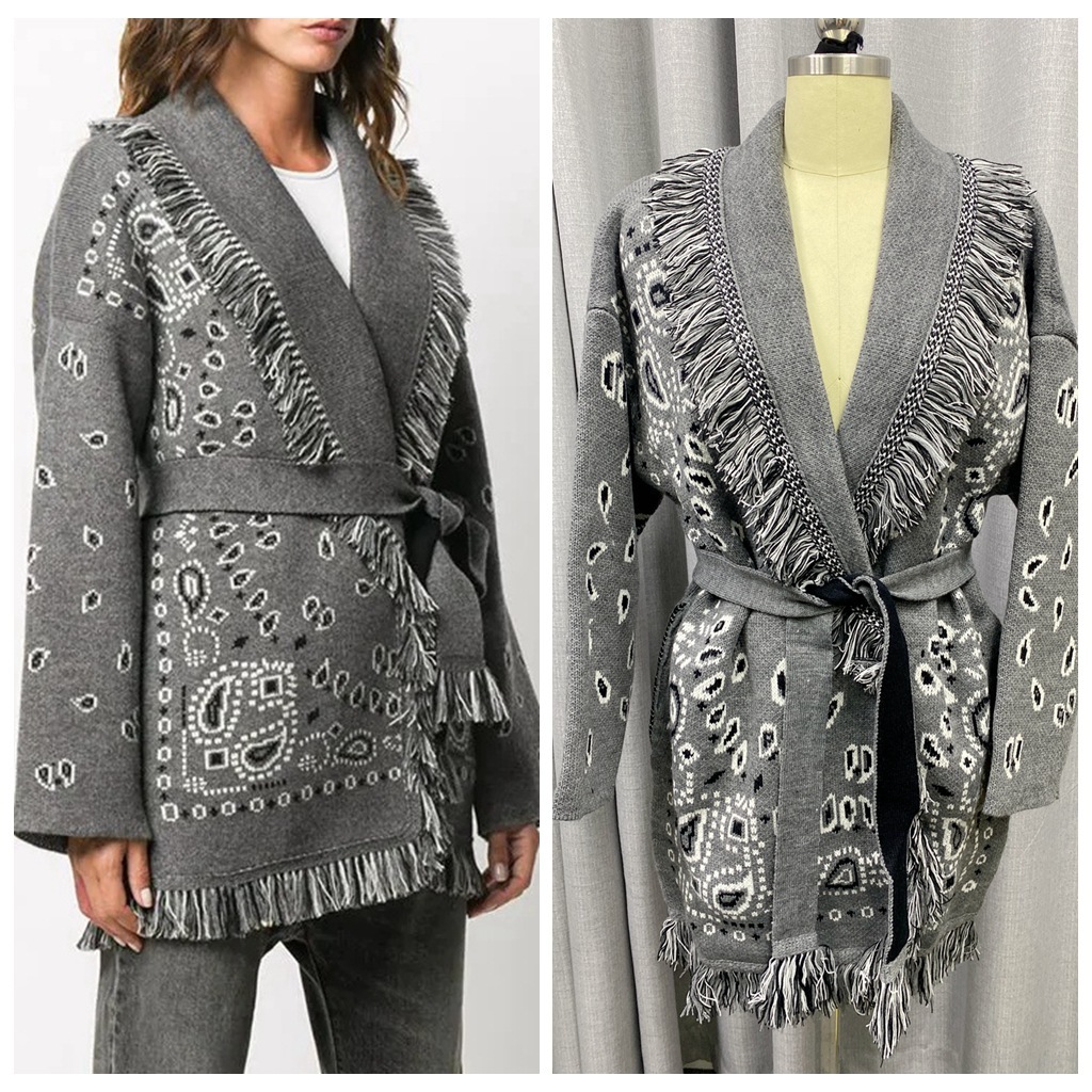 European and American fashion design thick jacquard knitted cardigan loose plus size women's medium length tassel sweater jacket fashionable