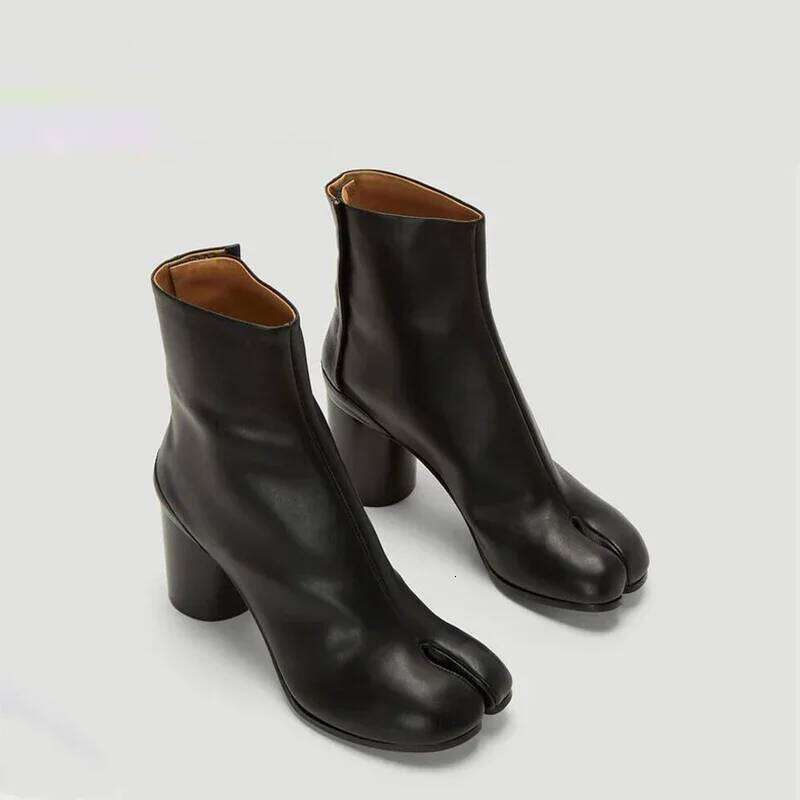 Brand Designer Tabi Split-toe Ankle Women Genuine Leather Chunky High Heel Short Boots 2025 Spring Autumn Shoes
