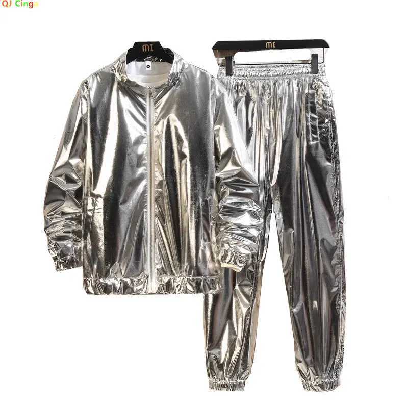 Shiny Gold Mens Stage Performance Suit Set with Loose Long Sleeve Top and Pants Silver Stylish Casual Outfit W251020