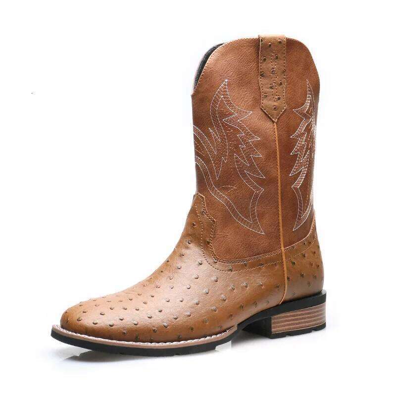 Men's Classic Retro Western Cowboy Boots Mens Fashion Patchwork Embroidery Designer Mid-Calf Leather Casual Boot