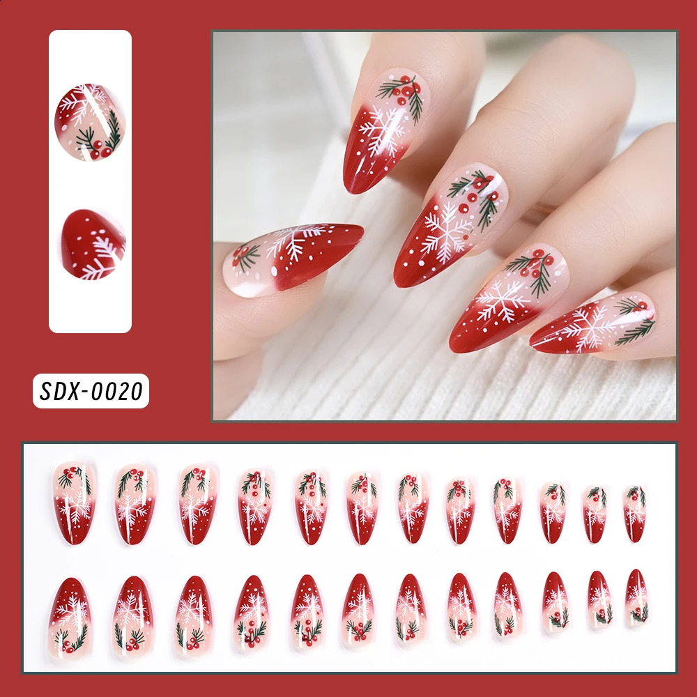 24pcs Christmas Press On Nails Almond French False Nail with Snowflake Holly Leaf Acrylic Full Cover Fake Nail Extension 251014