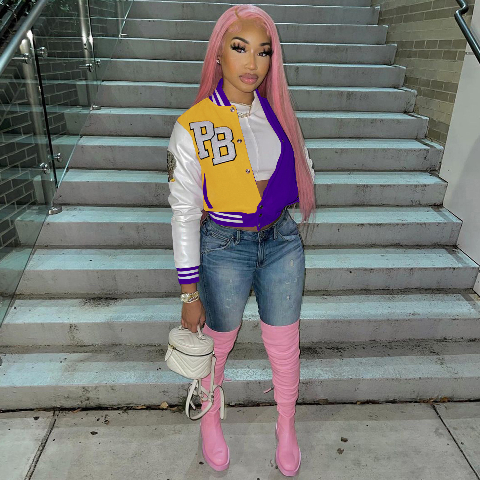 10080 womens fashion casual womens color matching jacket Baseball Jacket 250109