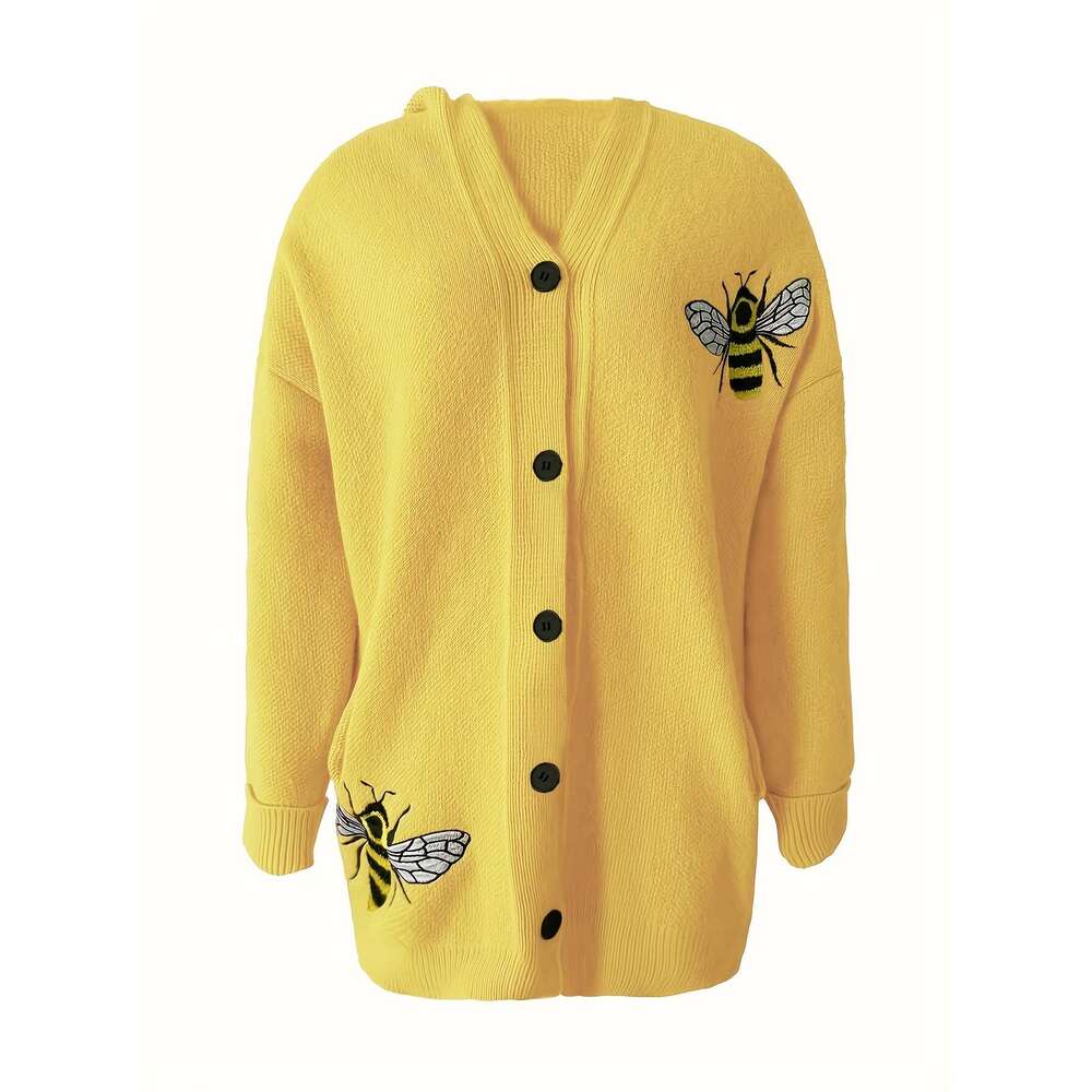 Embroidered Bees Hooded Cardigan 1Pc Women's Casual Polyester Knit - Medium Stretch, Button Front, Animal Pattern, Fall/Winter Coat
